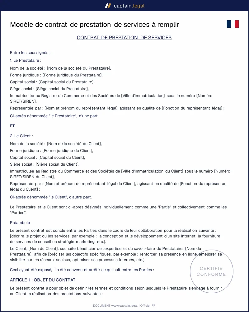Modèle de Contrat de Prestation de Services à personnaliser