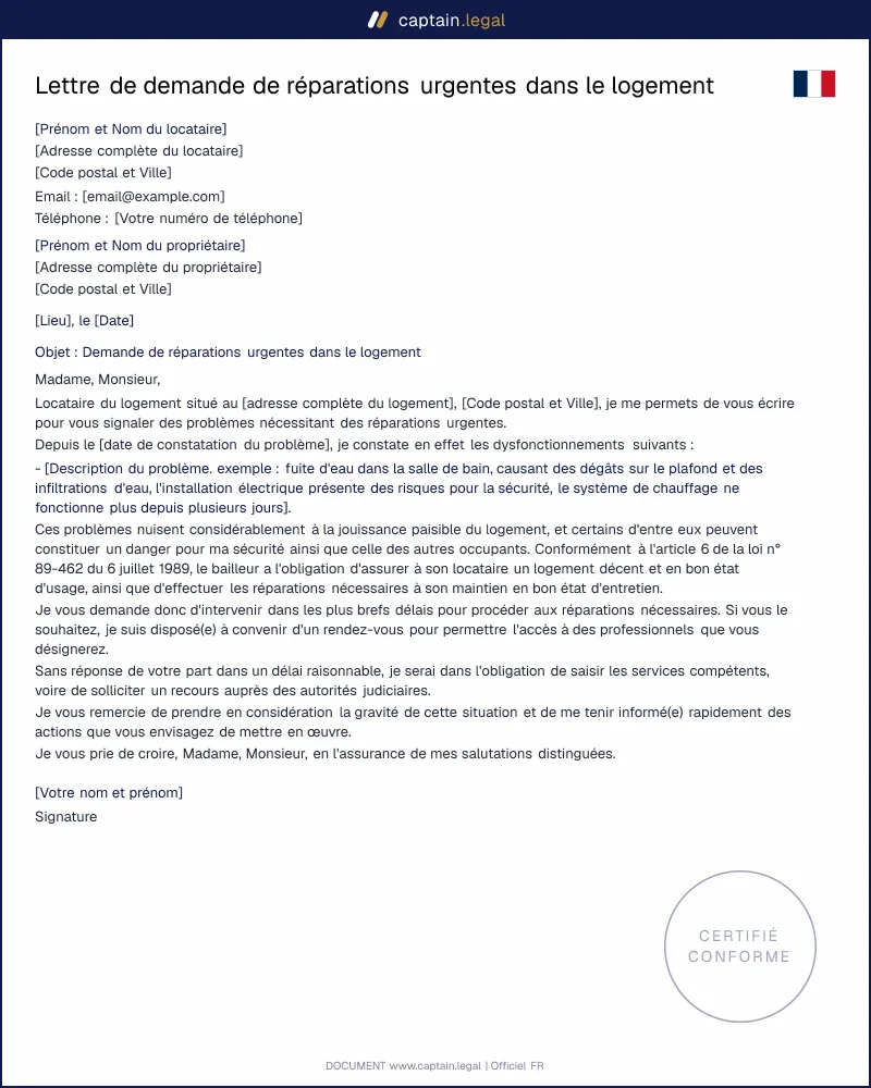 Demande de réparations urgentes au propriétaire