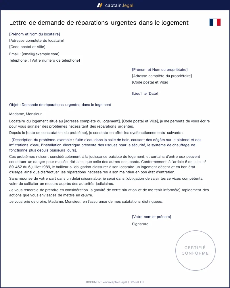 Demande de réparations urgentes au propriétaire