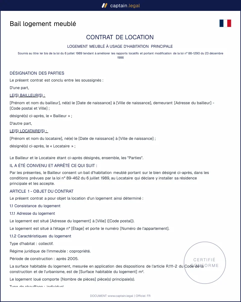 Modèle de contrat de location meublée à personnaliser