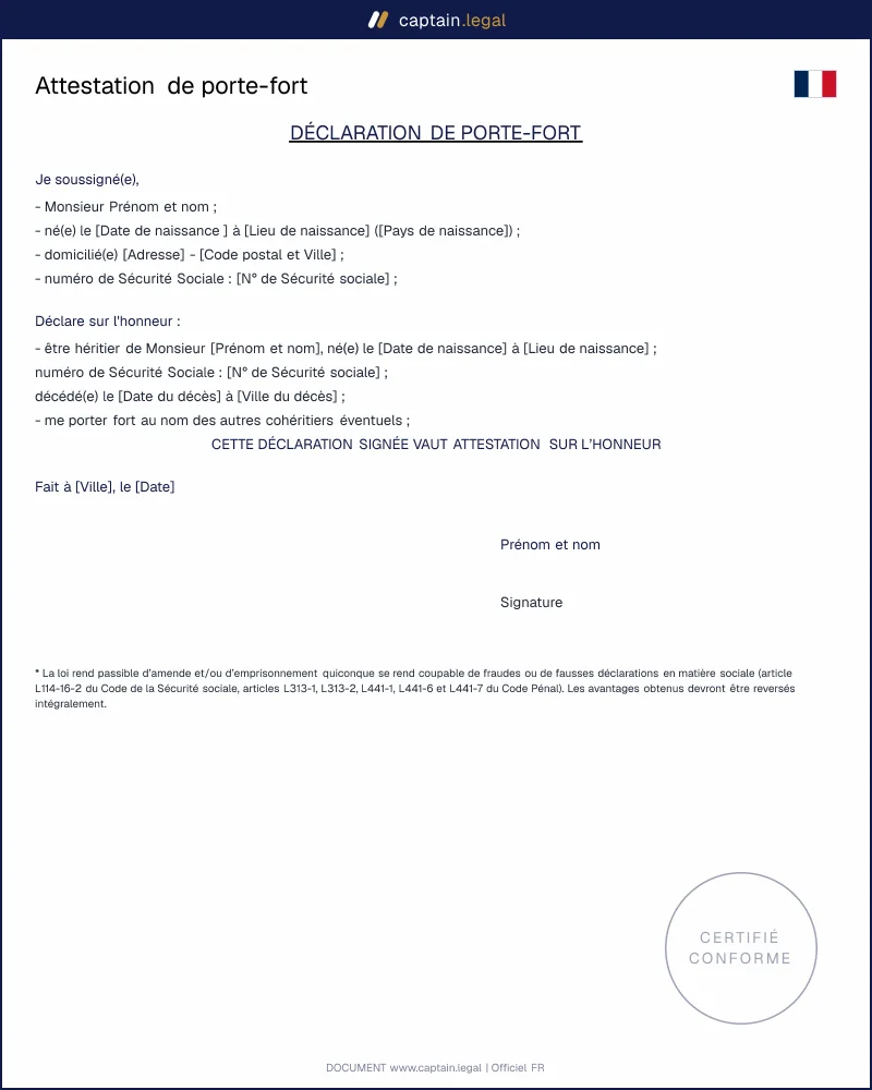 Modèle d'attestation de porte-fort