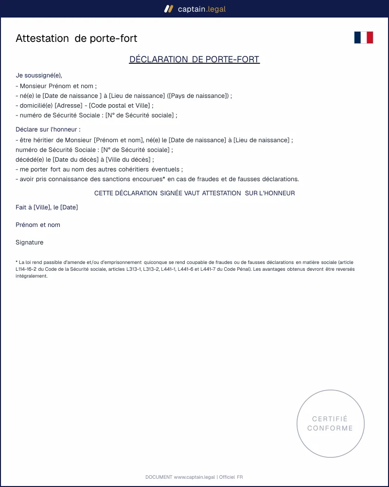 Modèle d'attestation de porte-fort
