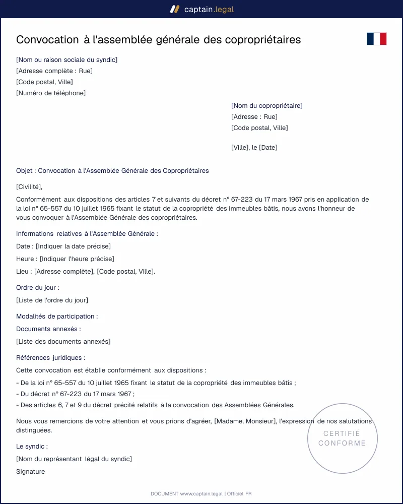 Convocation à l'AG des copropriétaires - Pdf et Word