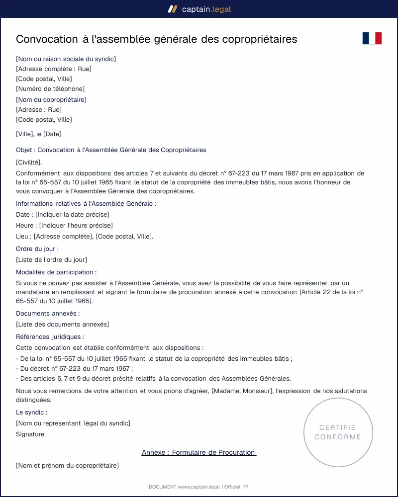 Convocation à l'AG des copropriétaires - Pdf et Word