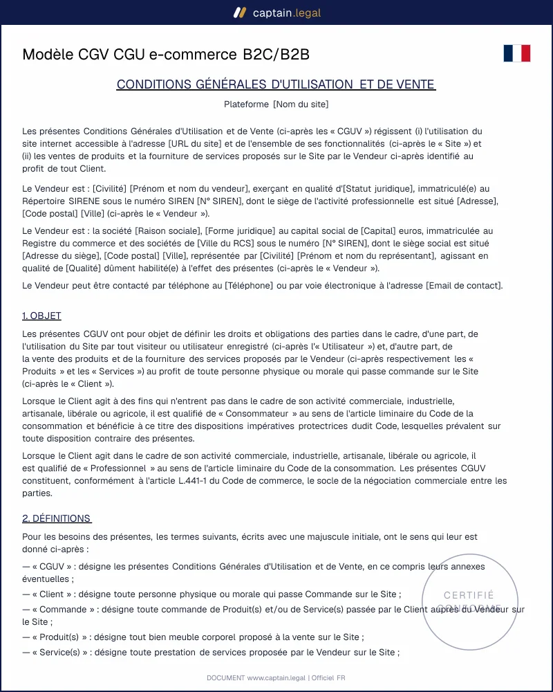 Modèle CGV CGU e-commerce B2C/B2B : Word & PDF