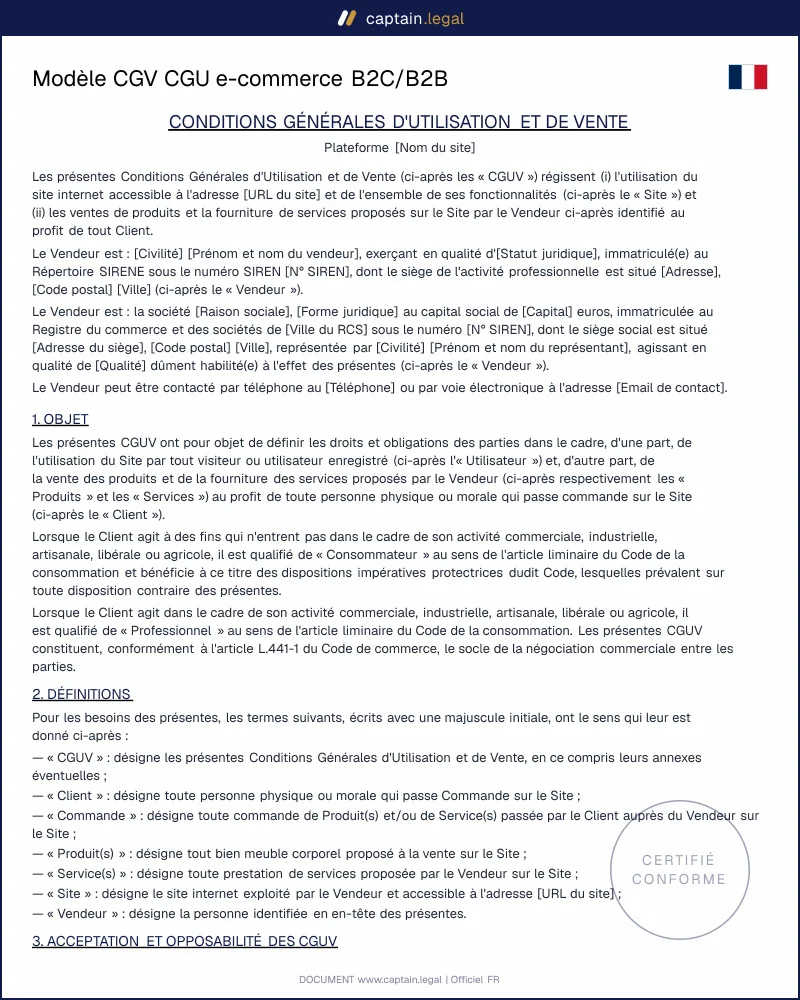 Modèle CGV CGU e-commerce B2C/B2B : Word & PDF