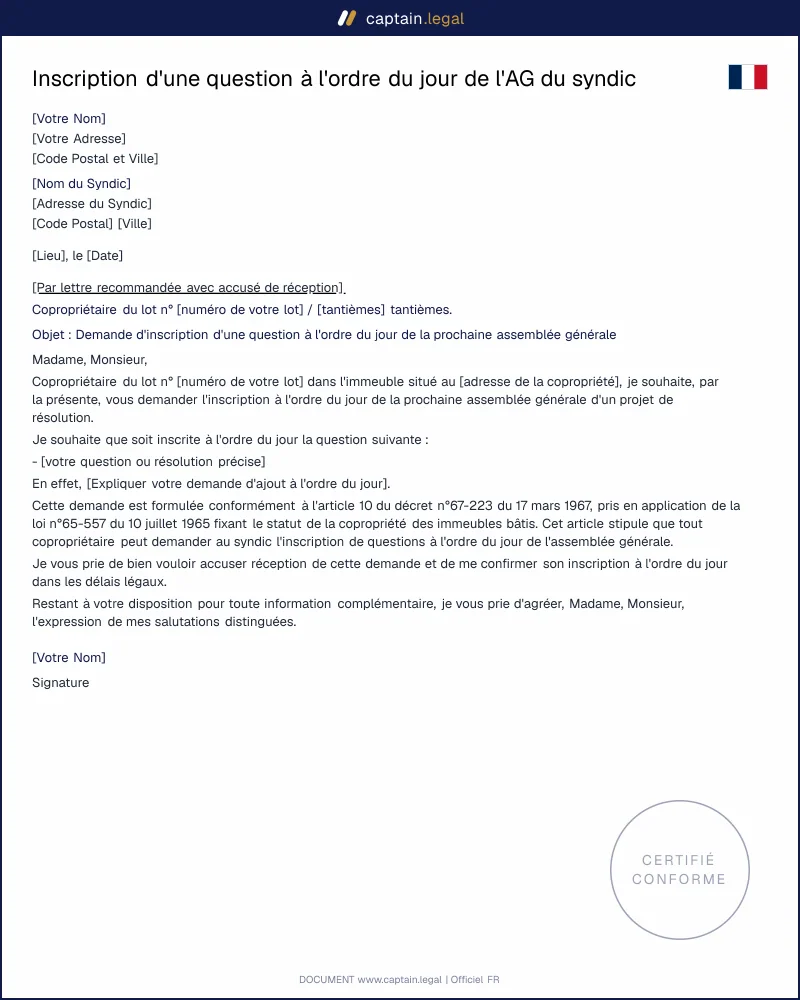 Ajout d'une question à l'ordre du jour de la prochaine AG