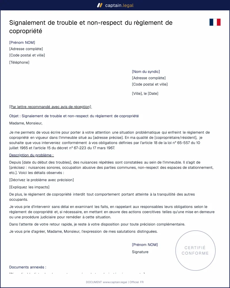 Lettre de signalement de nuisances en copropriété