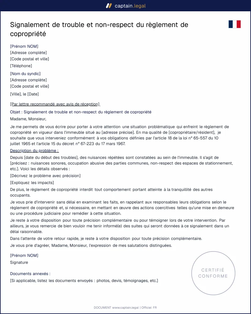 Lettre de signalement de nuisances en copropriété