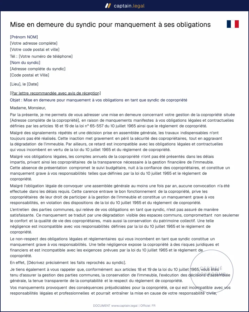 Mise en demeure du syndic : obligations légales
