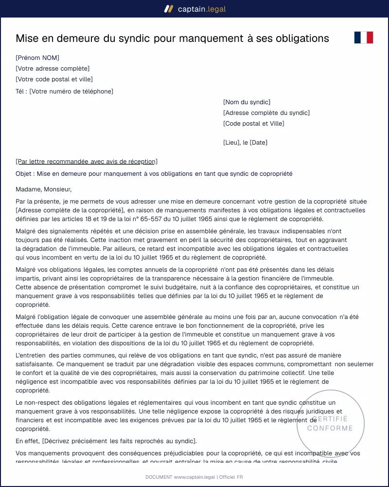 Mise en demeure du syndic : obligations légales