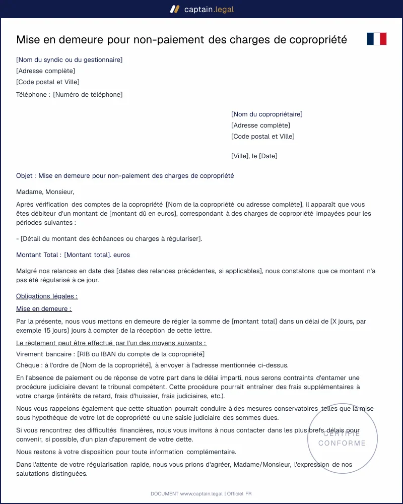 Mise en demeure pour non-paiement des charges de copropriété