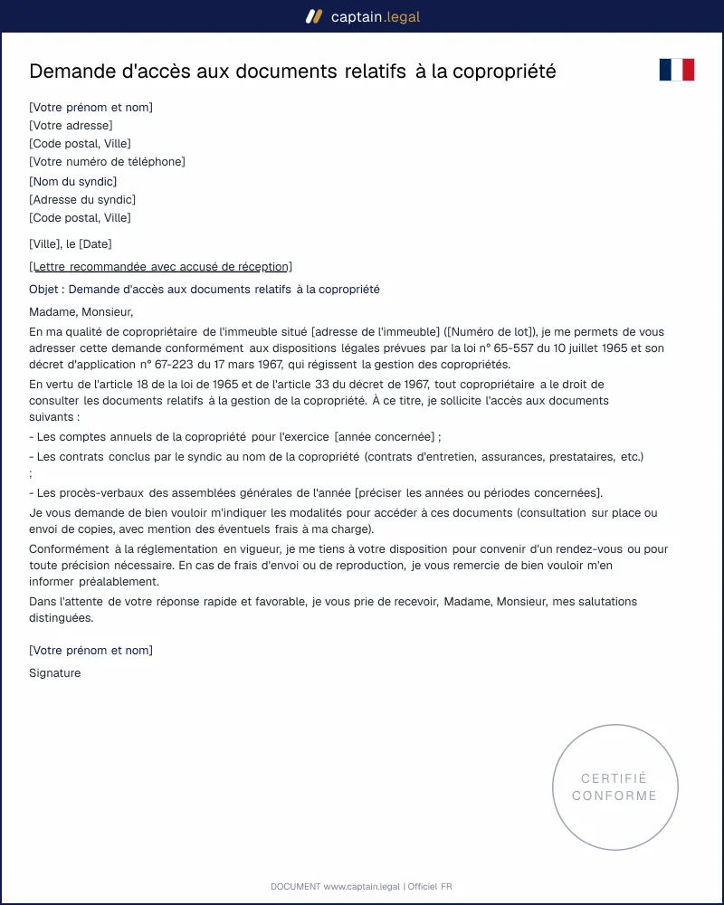 Demande d'accès aux documents du syndic (copropriété)