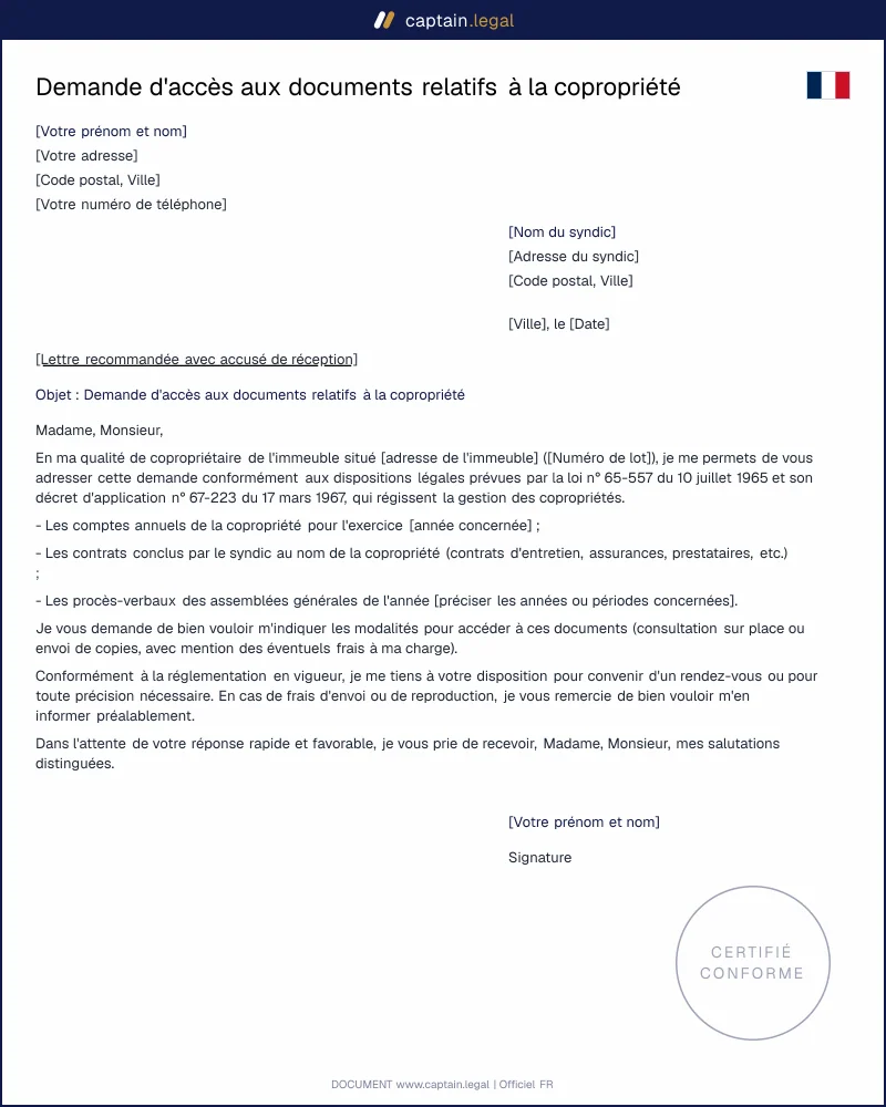 Demande d'accès aux documents du syndic (copropriété)