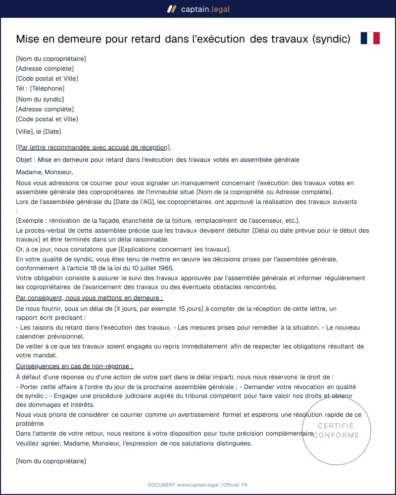 Retard de travaux, mise en demeure du syndic de copropriété