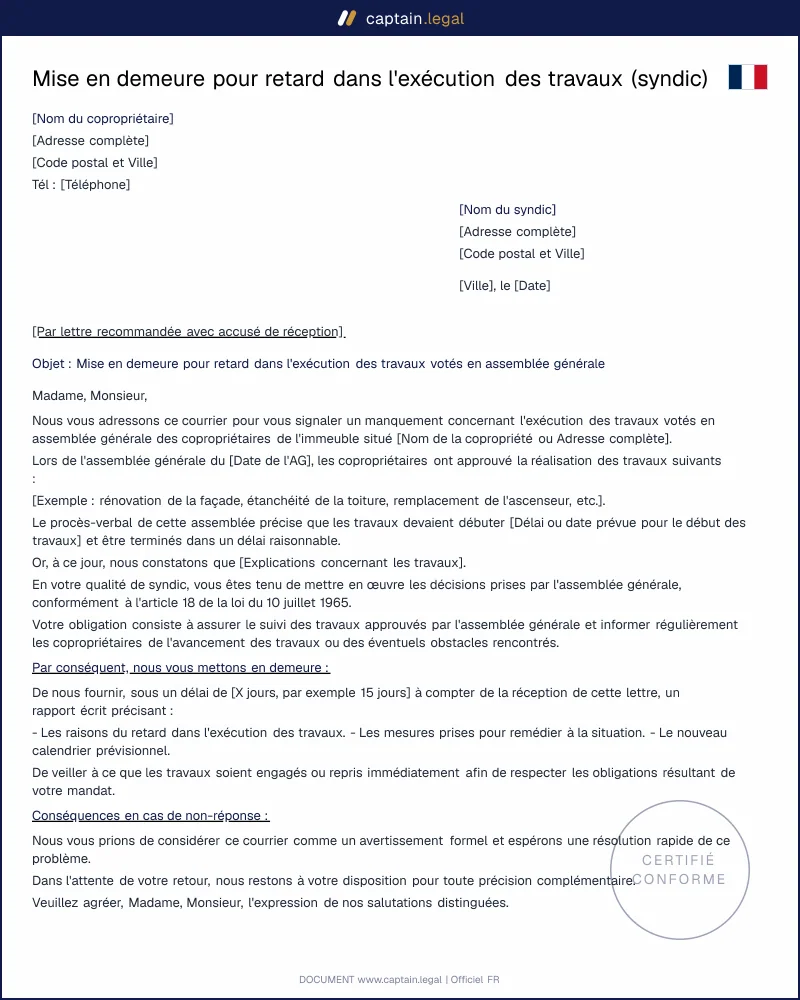 Retard de travaux, mise en demeure du syndic de copropriété