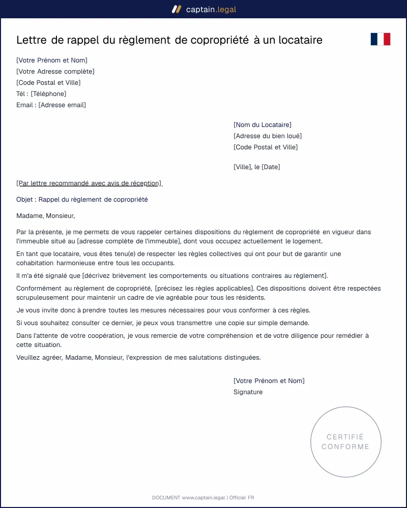 Rappeller l'obligation de respecter le règlement de copropriété à un locataire