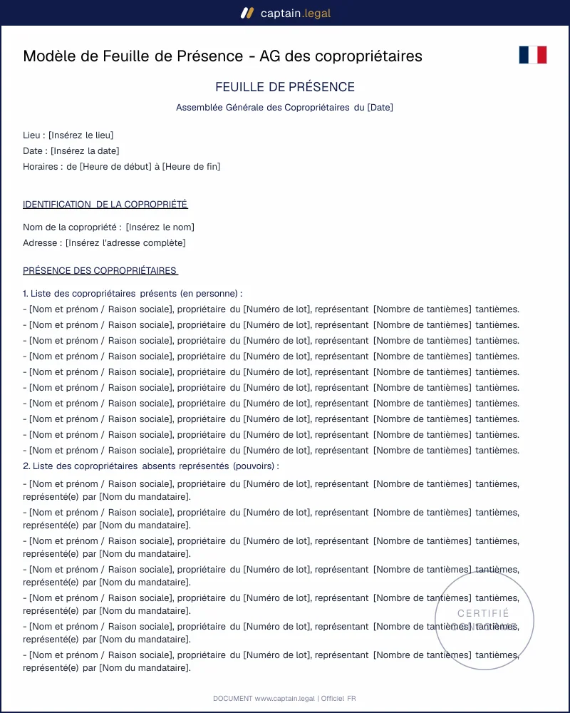 Modèle de Feuille de Présence - AG des copropriétaires