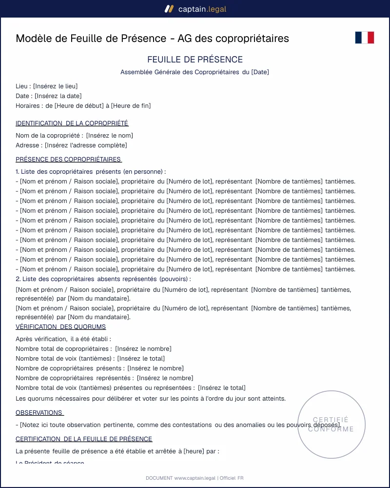 Modèle de Feuille de Présence - AG des copropriétaires