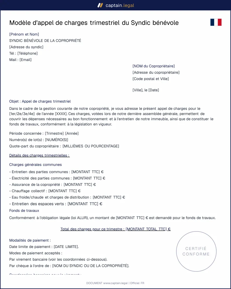 Modèle d'appel de charges trimestriel du Syndic bénévole