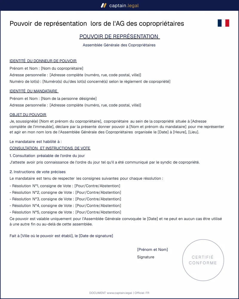 Pouvoir de représentation lors de l'AG des copropriétaires