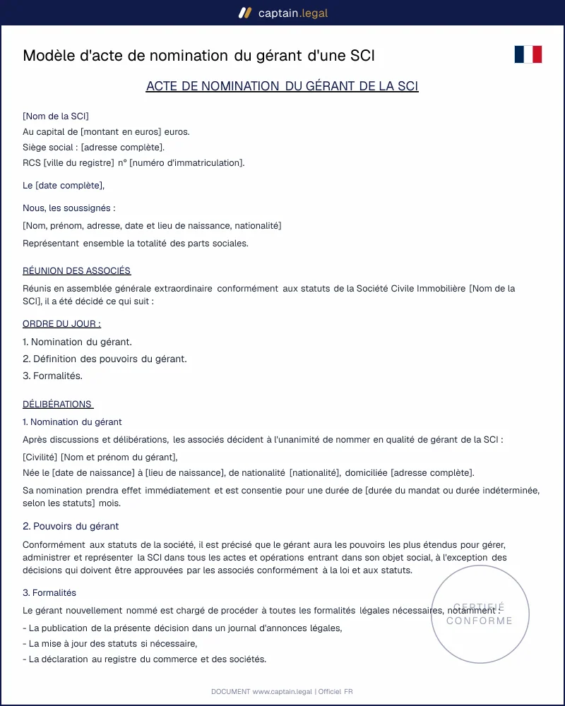 Modèle Acte de nomination du gérant d'une SCI - PDF et Word