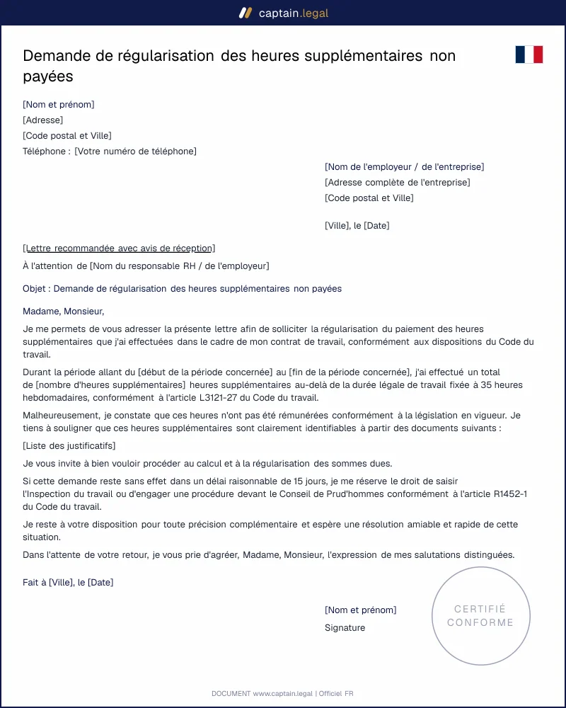 Lettre à l'employeur pour demander la régularisation des heures supplémentaires non payées