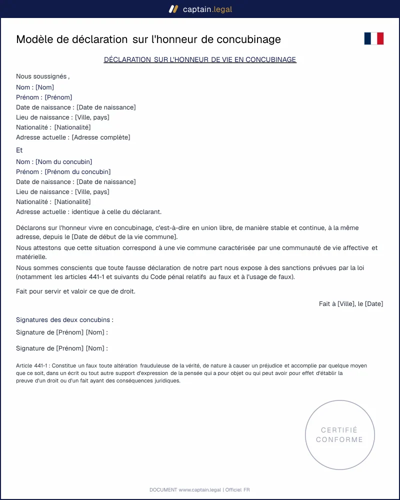 Modèle de déclaration sur l'honneur de concubinage à remplir