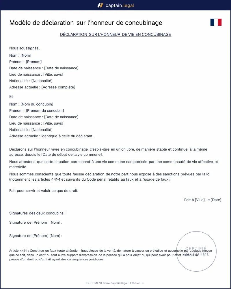 Modèle de déclaration sur l'honneur de concubinage à remplir