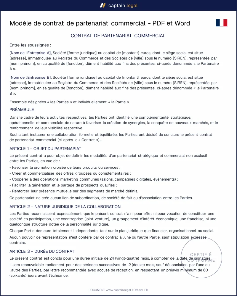 Modèle de contrat de partenariat commercial à personnaliser