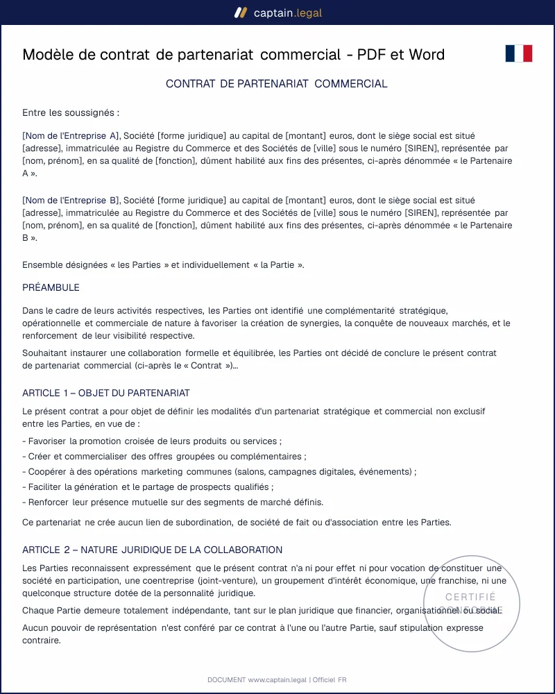 Modèle de contrat de partenariat commercial à personnaliser
