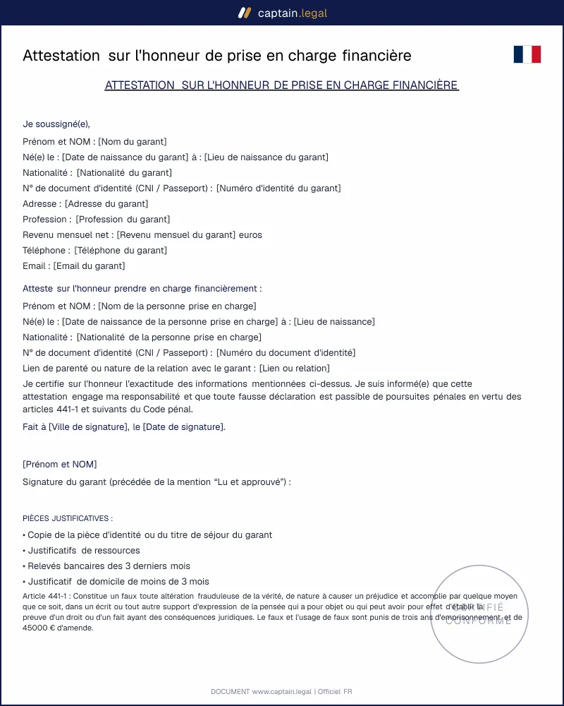 Attestation sur l'honneur de prise en charge financière : modèle et explications