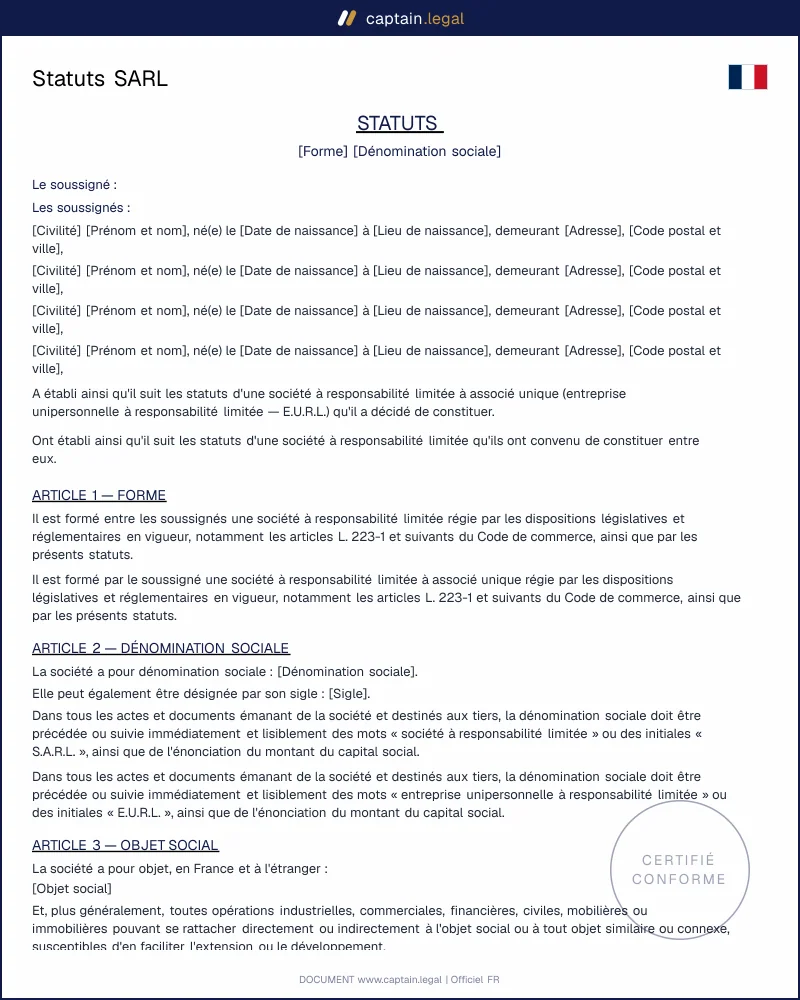 Modèles de statuts SARL à remplir - PDF et Word