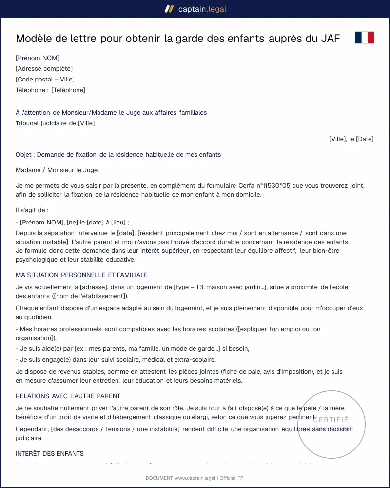 Lettre au juge des affaires familiales : demander la garde exclusive ou partagée
