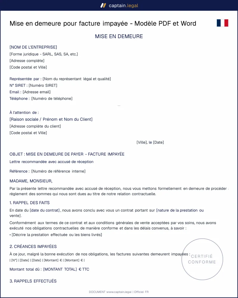 Mise en demeure pour facture impayée – Modèle PDF et Word