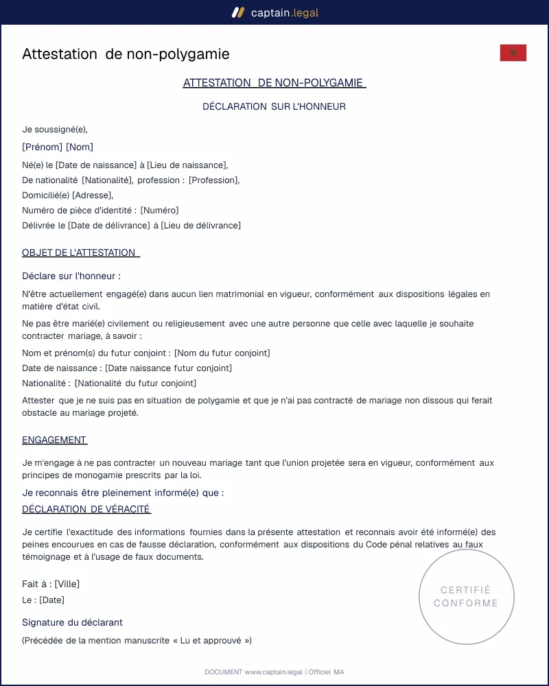 Attestation de non-polygamie : déclaration sur l'honneur