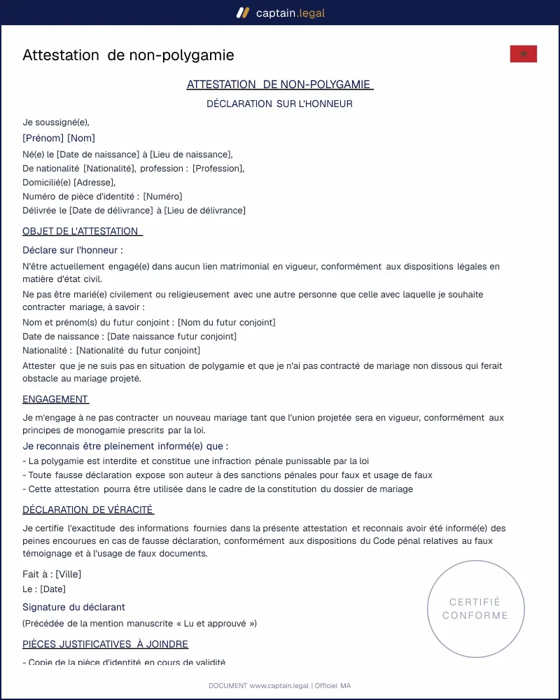 Attestation de non-polygamie : déclaration sur l'honneur
