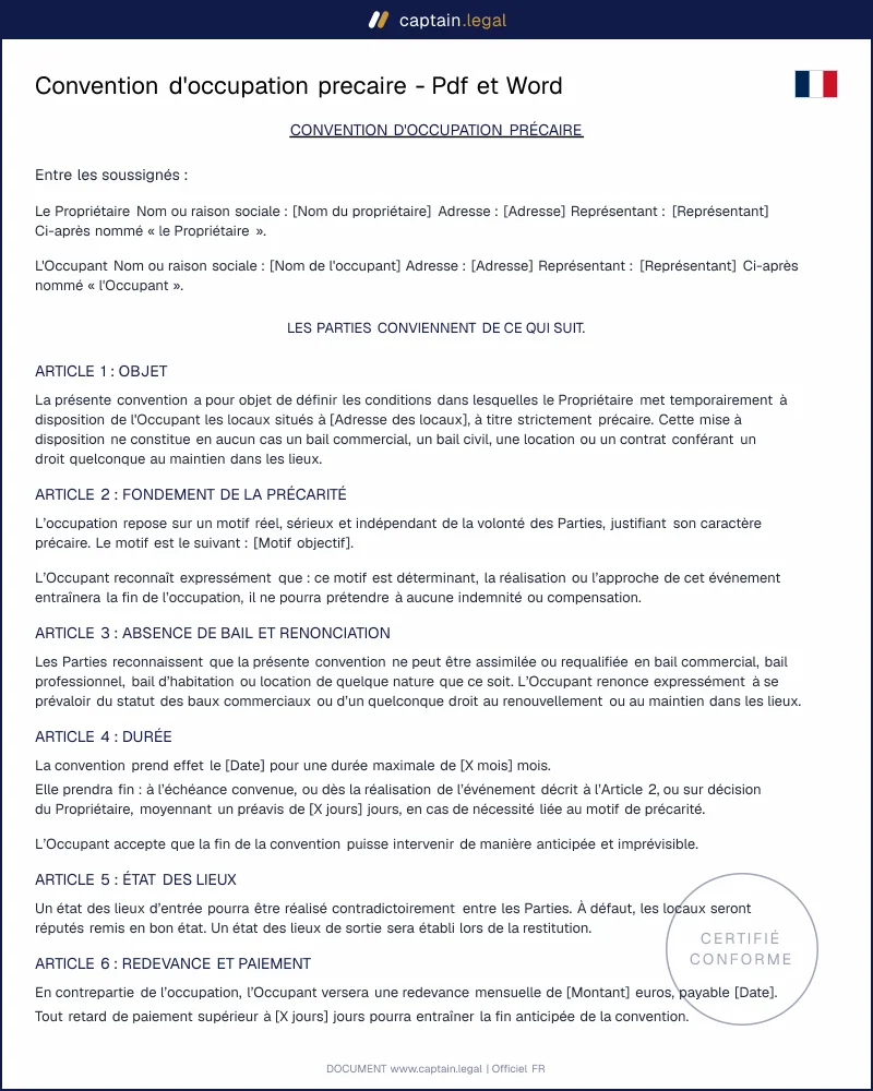 Modèle de convention d'occupation précaire – PDF et Word