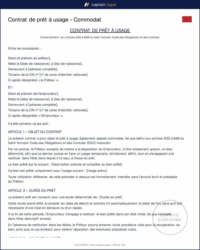 Modèle de contrat de prêt à usage au Maroc
