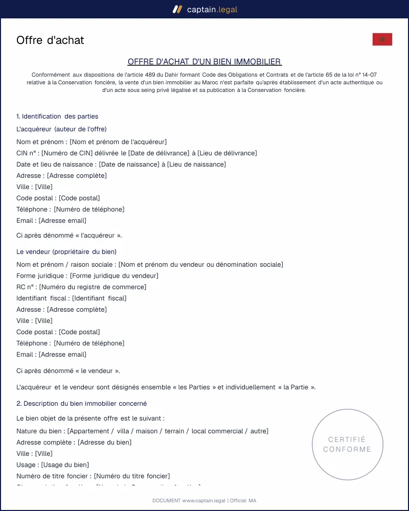 Offre d’achat d’un bien immobilier au Maroc - PDF et Word