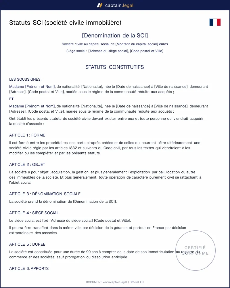 Modèles de statuts de SCI à remplir en ligne