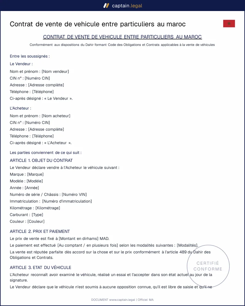Contrat de vente de vehicule - PDF et Word