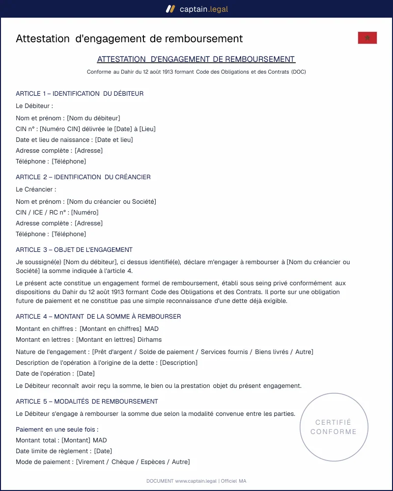 Attestation d'engagement de remboursement - PDF et Word