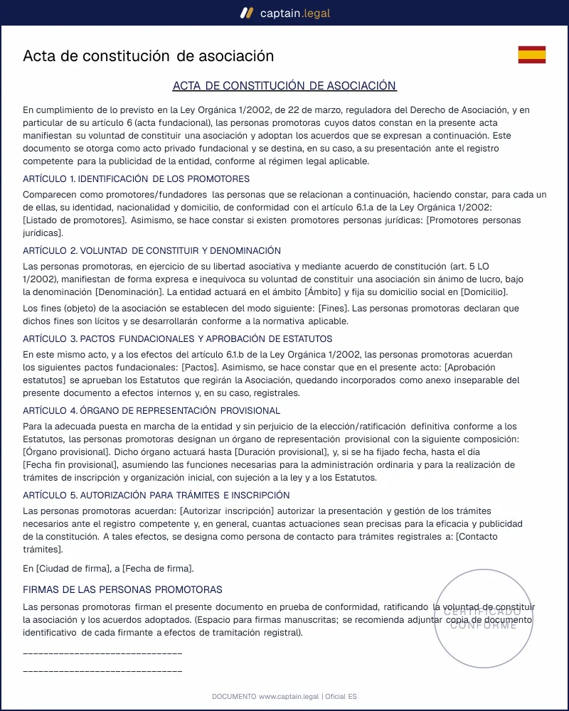 Acta de Constitución Asociación España: modelo legal 2026