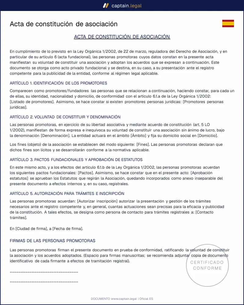Acta de Constitución Asociación España: modelo legal 2026
