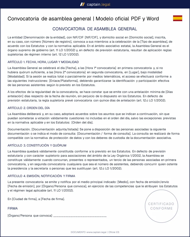 Convocatoria de Asamblea General | PDF y Word