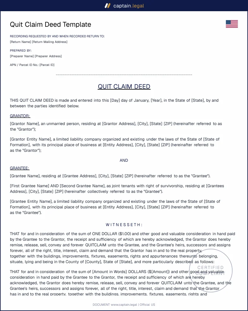 Quit Claim Deed Template - PDF & Word
