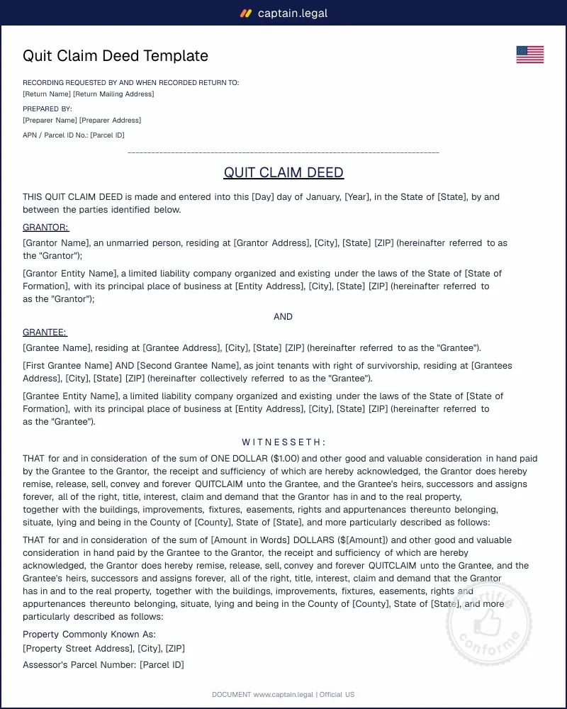 Quit Claim Deed Template - PDF & Word