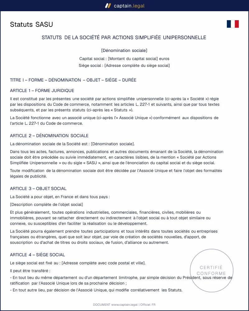 Modèles de statuts de SASU à personnaliser