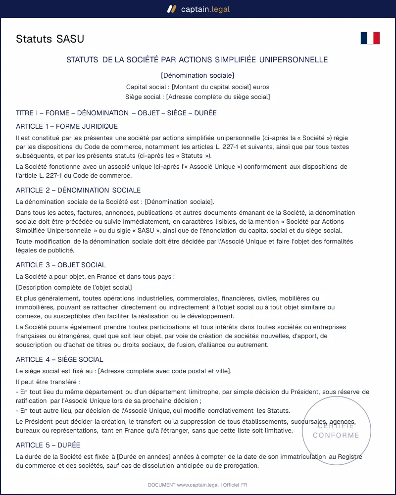 Modèles de statuts de SASU à personnaliser